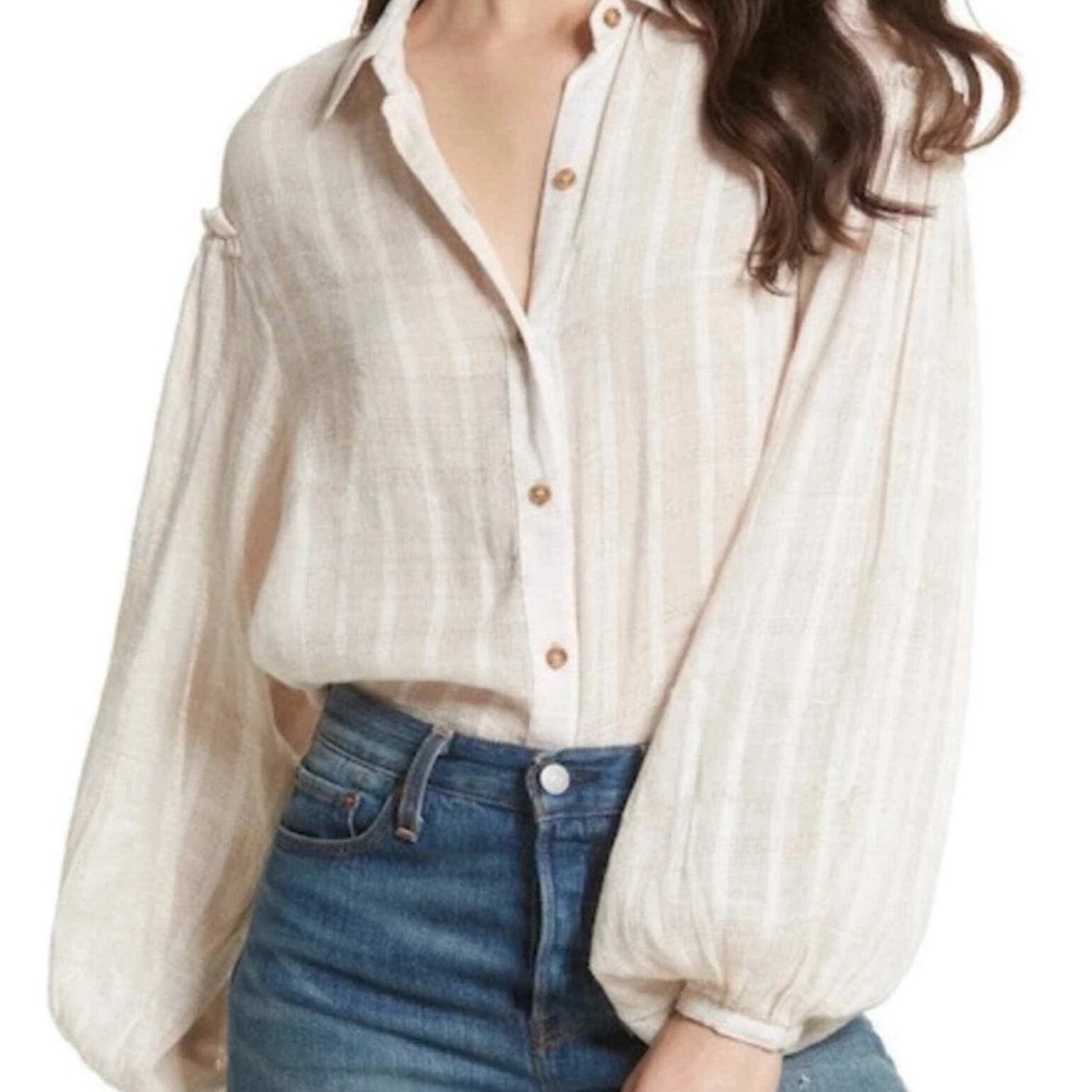 Free People Headed to the Highlands Beige Striped Sheer Button-Down Shirt Sz S